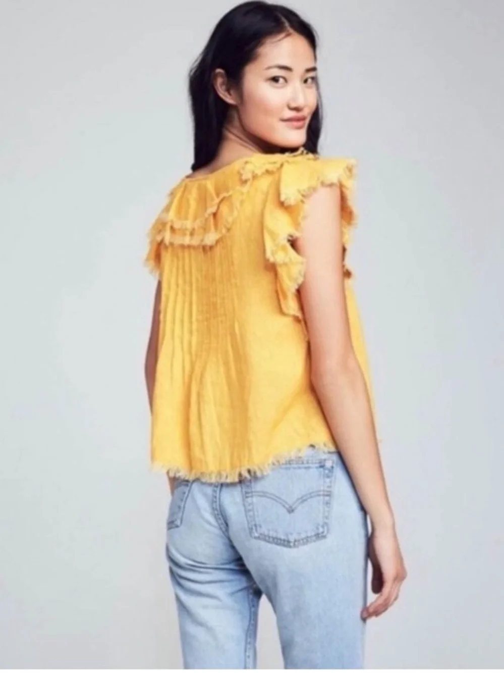 Faherty Yosepha Marigold Linen Fringe Ruffle Blouse - Size Small - Picture 2 of 10